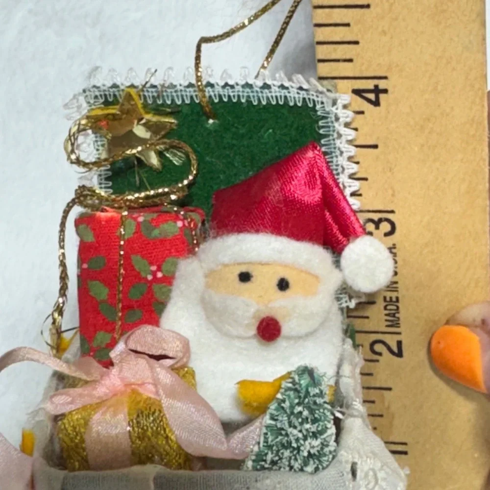 Russ Berrie Vintage Flocked Santa in Green Box Ornament Kitschy Holiday Felt